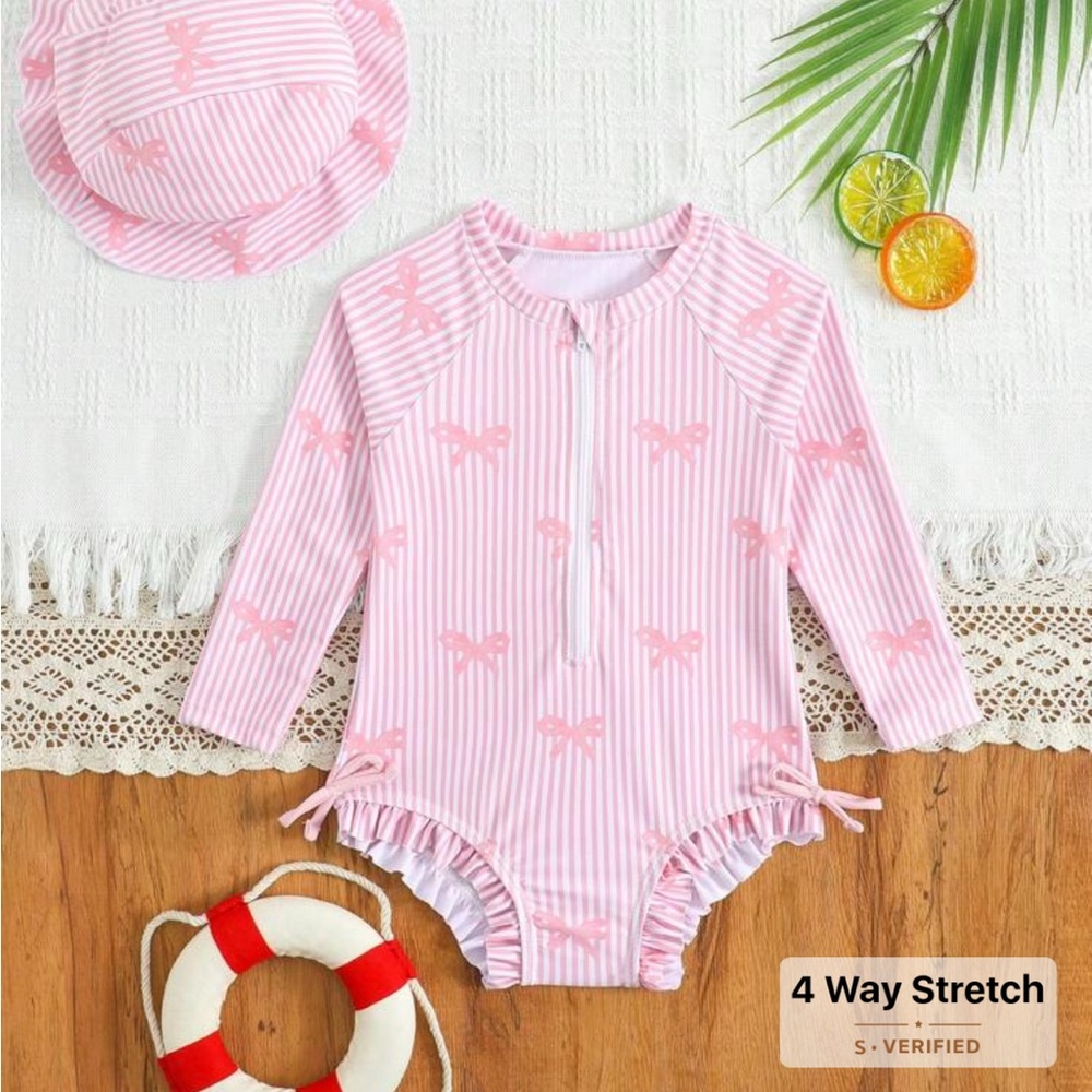 Brand new without tag Kids Pink Striped Long-Sleeve Swim Suit with Bows with hat